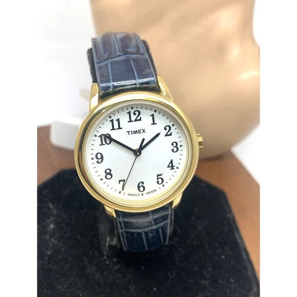 Timex Women's Watch T2N954 Quartz White Dial Blue Leather Strap 30mm Gold Case - Picture 14 of 15